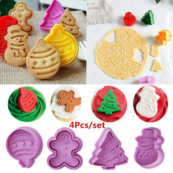 4Pcs/Set Christmas Cookie Biscuit  Plunger Cutter Mould Fondant Cake Mold Baking 