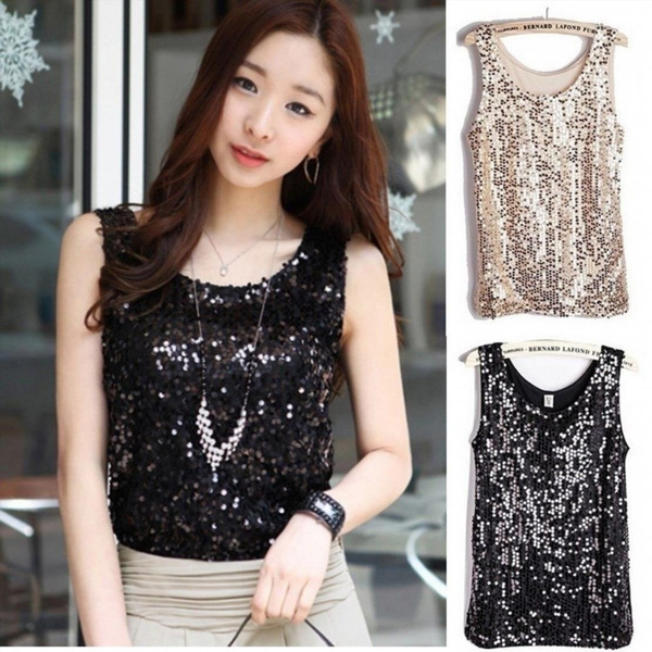 Top Selling High Quality Women Spangle Sequin Sparkle Glitter Tank Top Vest Sleeveless Tee Shirt 6170