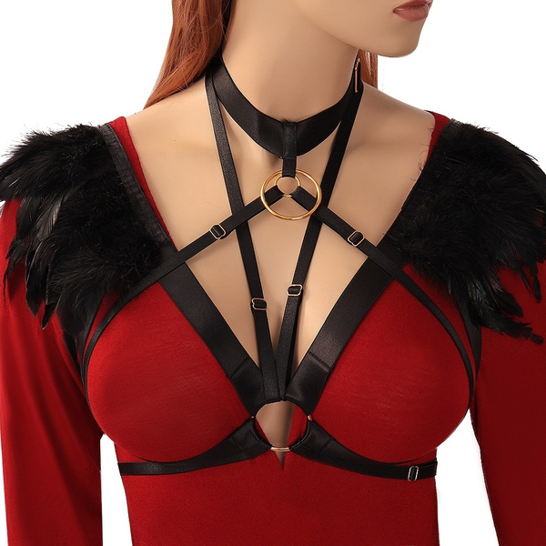 Steampunk Feather Cage Bralette Sexy Crop Top Epaulettes Shoulder
