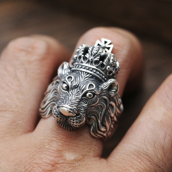 Men's Ring Lion Head Rings Stainless Steel Gold Rock Jewellery Size 7-13