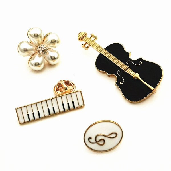 Design Violin Guitar Piano Beaded Flower Music Notation Enamel Brooch Pin Guitarra Corsage Gift for Music Teacher 