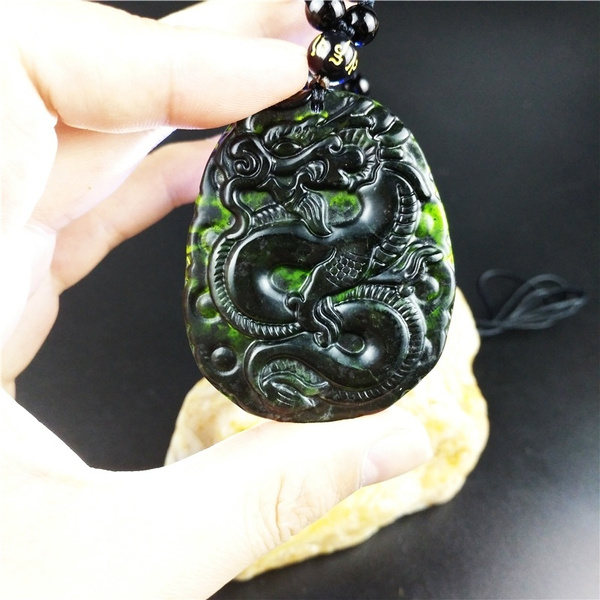 Chinese Natural Black Green Jade Hand Carved Jade Pendant Dragon Lucky Amulet 