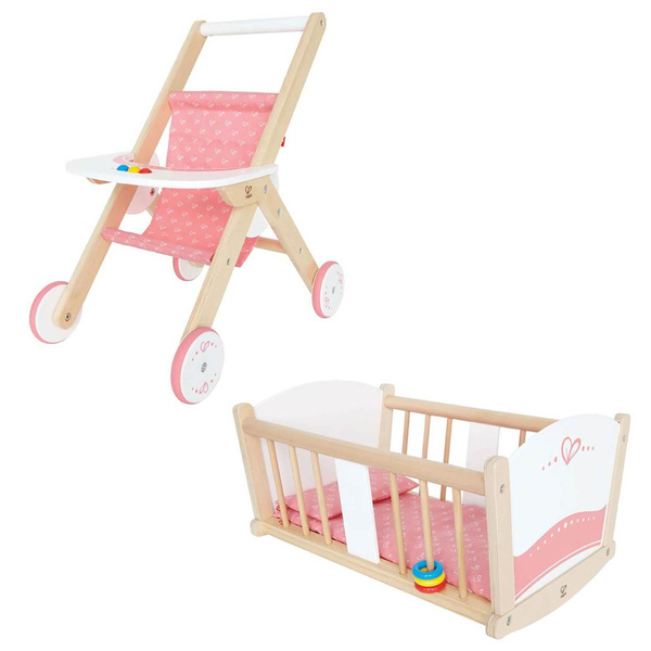 Hape Kids Wooden Pretend Play Baby Doll Stroller and RockABye Cradle