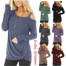 Womens Fashion Casual Loose Long Sleeved T-shirts Cold Off Shoulder Solid Color Blouses Tunic Tops Shirts