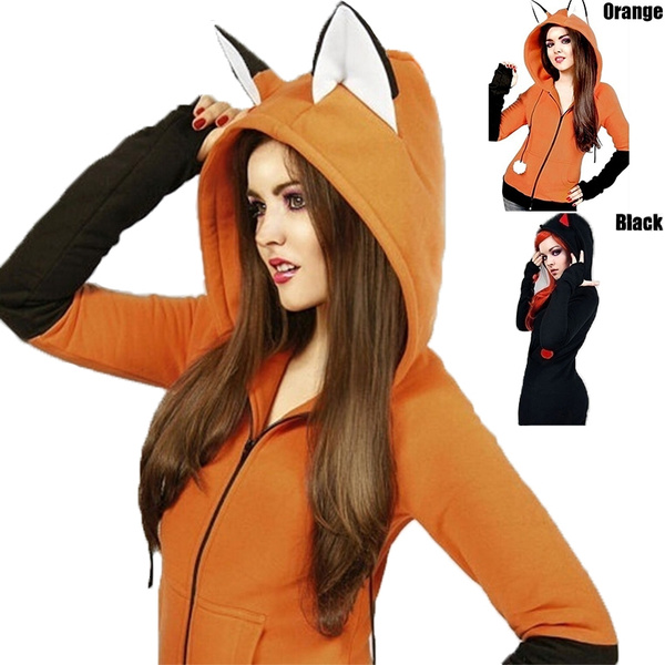 Orange Animal Cosplay Hoodie Coat Warm Fox Ear Contrast Color Sweatshirt Unisex