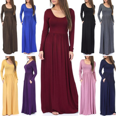 Fashion Women Long Sleeve Solid Color Ruched Dress with Pockets Plus Size Casual Maxi Dress(10 Colors)