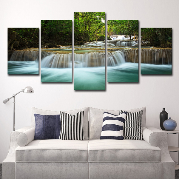 5 Panel Large HD Printed Canvas Forest Waterfall Paintings on Canvas Wall Art for Home