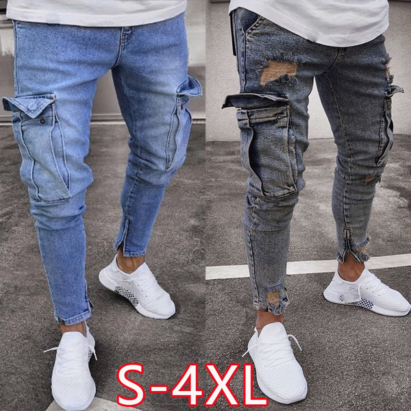 New Men Casual Jeans Skinny Cargo Denim Pants Tactical Distressed Trousers  | Wish