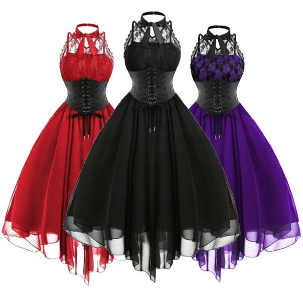 Women Fashion Lace Panel Cross Back Gothic Corset Dress Sleeveless Dress  Solid Color Sexy Evening Dress Steampunk Dress