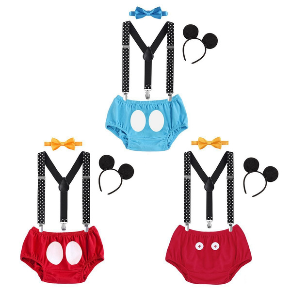 First Birthday Mickey Cake Smash Baby Boy Suspender Pants Bowtie Headband Outfit