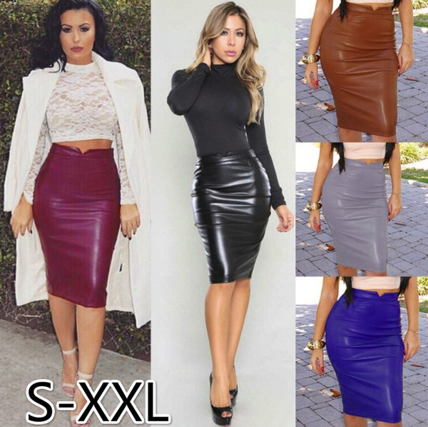 Womens PU Leather Pencil Skirt High Waist Invisible Bodycon Skirts Clubwear