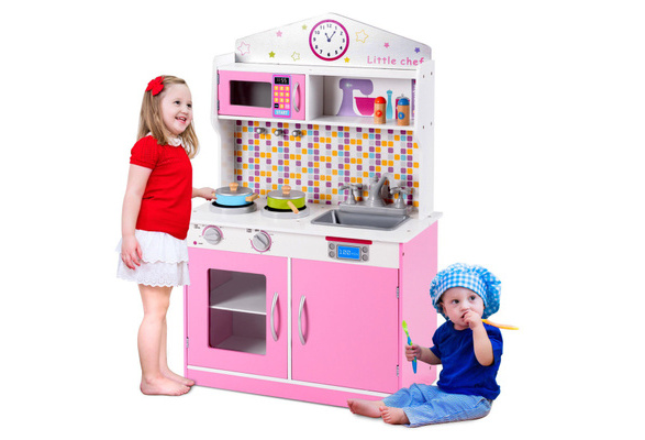 Kids Wooden Pretend Kitchen Playset Cooking Toys Toddler Christmas Cookware Gift 