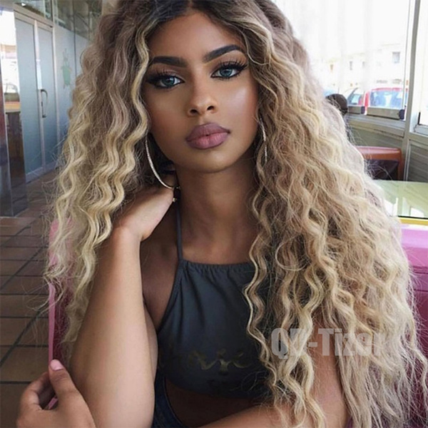 Long Curly Synthetic Lace Front Wigs Blonde Ombre Loose Curly Fashion Women Wig