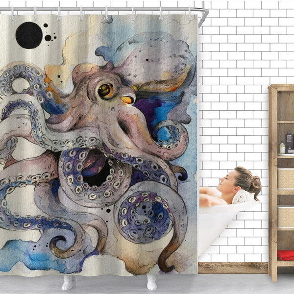 Watercolour Octopus Squid, Octopus Shower Curtain Hooks