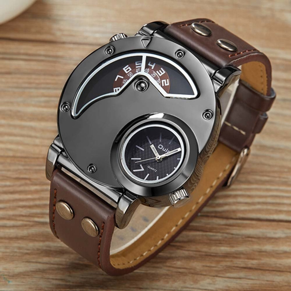 Top Brand Luxury OULM Men Watches Stainless Steel Big Face Dual Time Leather Quartz Watch Men s Watches montre homme