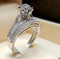 Ladies 925 Sterling Silver White Sapphire Diamond Ring Engagement Anniversary Bride Wedding Band Bridal Set Jewelry