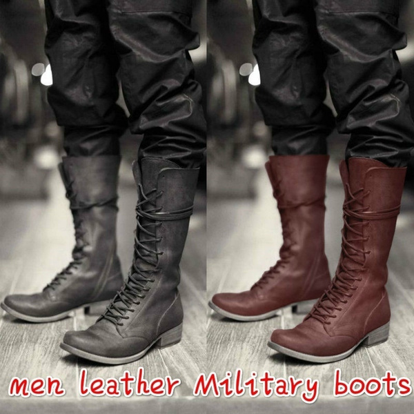 Mens Lace Up Combat Boots Black Leather 