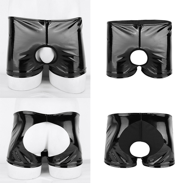 Men's Underwear Open Front Crotchless Shiny Patent Leather Boxer Briefs ...