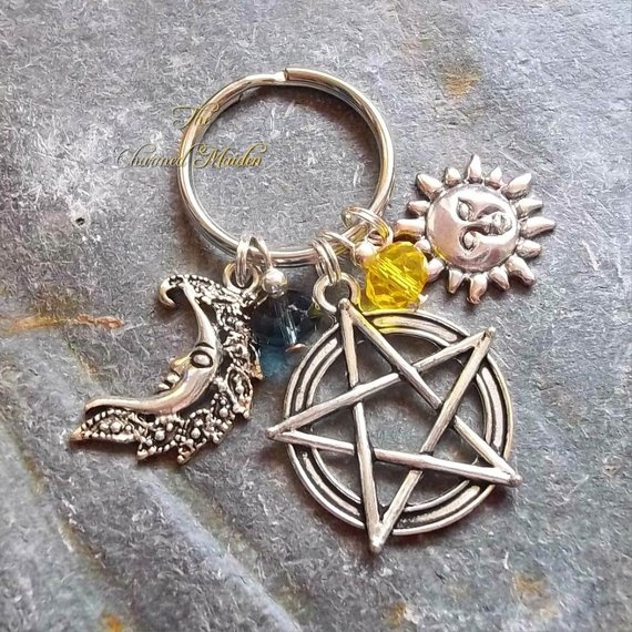 Pentagram Sun & Moon Keyring,Wicca Keyring,Pagan Bag Charm,Key Chain,Key Fob 