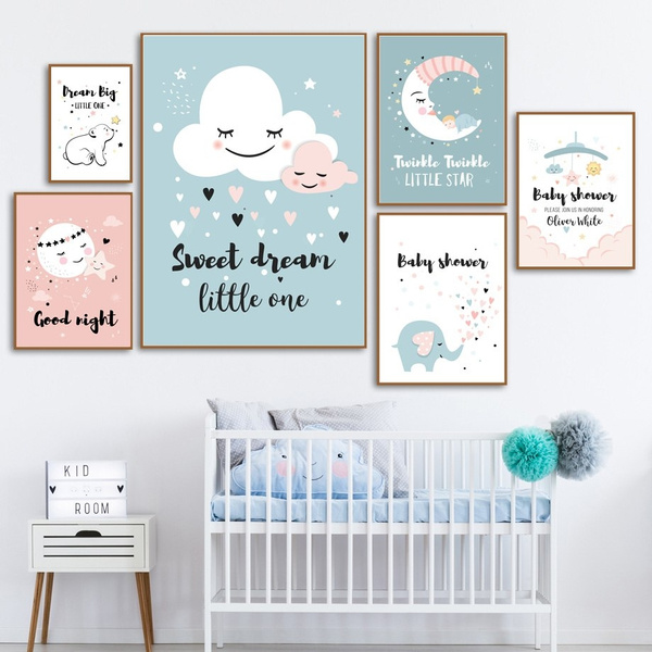 Baby Nursery Quotes Wall Art Canvas Painting Cloud Stars Cartoon Poster Print 