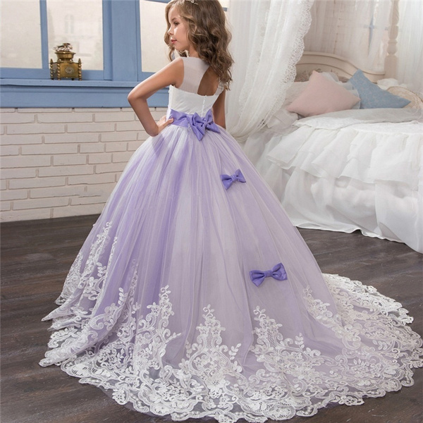 Kids Girls Party Gorgeous Long Dresses Embroidery Lace Flower Girl ...