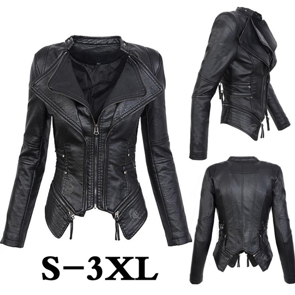 Black Leather Jacket Wide-Lapel Long-sleeved Solid Color Zipper Women ...