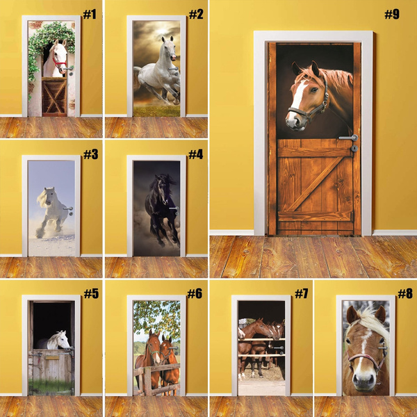 Horse Door Sticker 3D Wall Self-Adhesive Door Decals for Living Room Decor