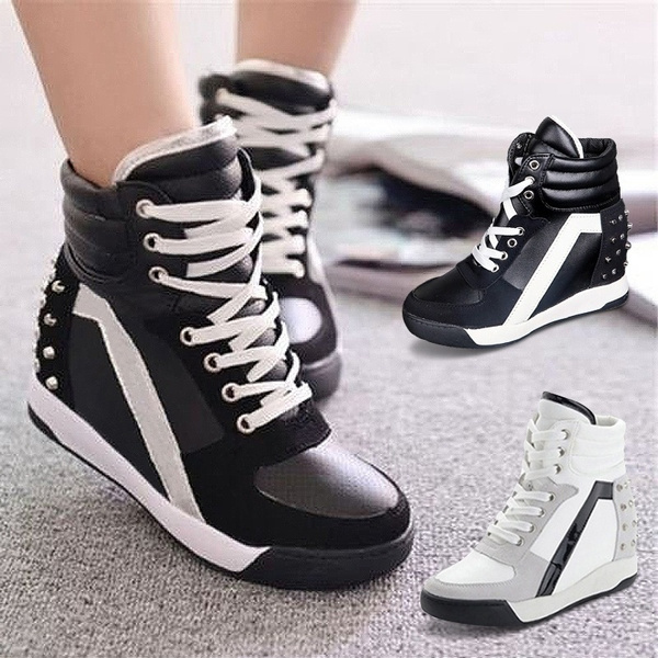 Dinkarville editorial airport New Fashion Women Sneakers Sports Rivet Hidden Wedge Heel High Top Shoes |  Wish