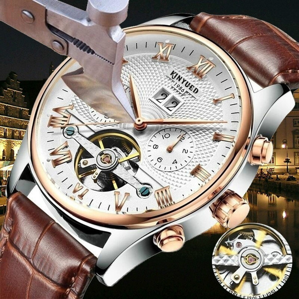 KINYUED Men s Mechanical Wristwatches Skeleton Dial Tourbillon Automatic Calendar Classic Leather Strap Montre Uhr Reloj Homme Horloge with Gift Box