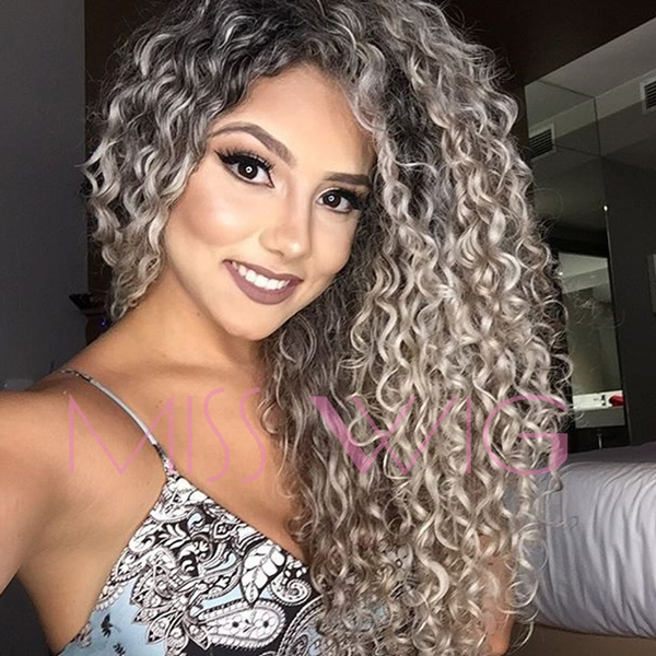 Fashion Long Curly Hair Ombre Grey and Black Synthetic Wig for Women color grey