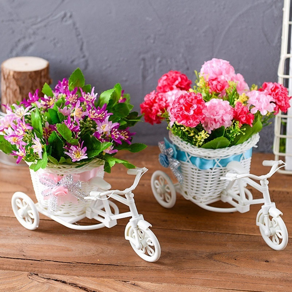 Excellent White Tricycle Bike Flower Basket Container For Flower Plant Decor XDU