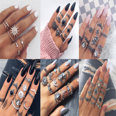 6 style Retro Bohemian Carved Flower Knuckle Midi Rings Set Charm Gemstone Moon Lucky Elephant Silver Geometric Finger Ring Set Jewelry Gift Accessories