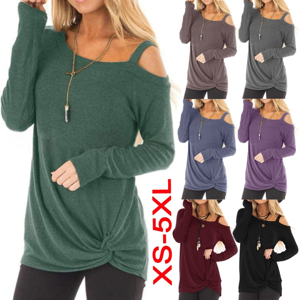 HIKO23 Plus Size Womens Cold Shoulder Top Long Sleeve Solid T-Shirt Fashion Basic Pullover Shirt Casual Tunic 