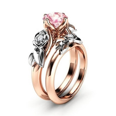 2Pcs/Set Exquisite 18K Rose Gold Pink Sapphire Flower Ring Anniversary Proposal Jewelry Women Engagement Wedding Band Ring Set Birthday Party Gift Size 5 6 7 8 9 10 11 12