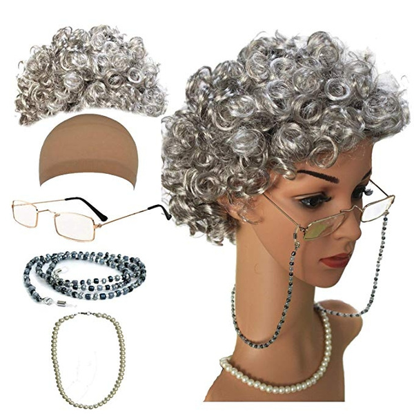 Wig Cap,Madea Granny Glasses Grandmother Wig Old Lady Cosplay Set Eyeglas... 