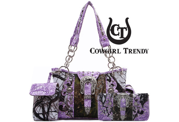Western Style Camouflage Purse Concho Buckle Tooled Floral Country Studs  Crossbody Women Handbag Shoulder Bag Wallet Set