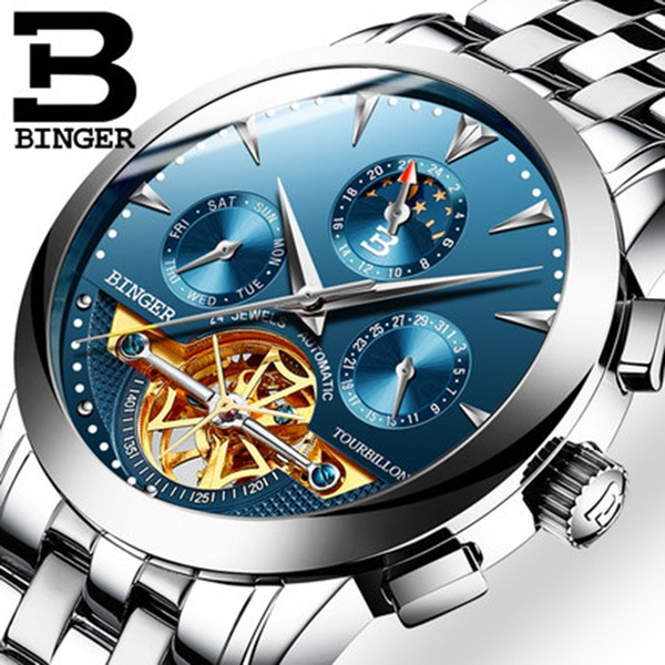 BINGER Men Full Steel Automatic Mechanical Male Self wind Double Openwork Fashion Tourbillon Watch Montre affaires with Gift Box