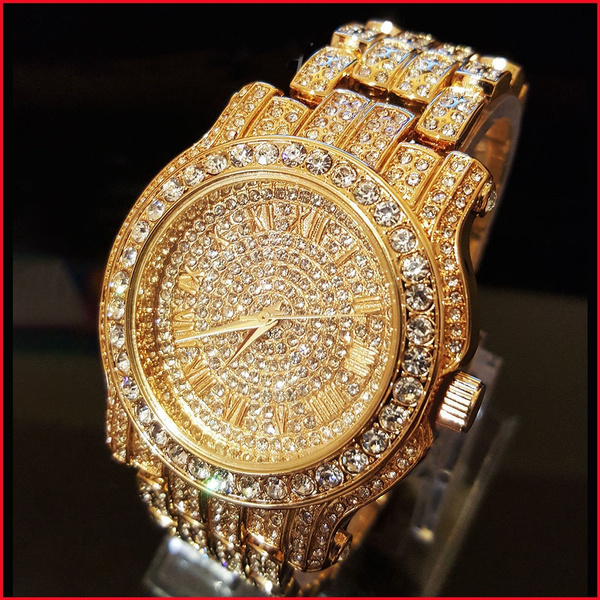 18K Men Hip Hop Iced out Gold Simulated Diamond Rapper Watch | Wish