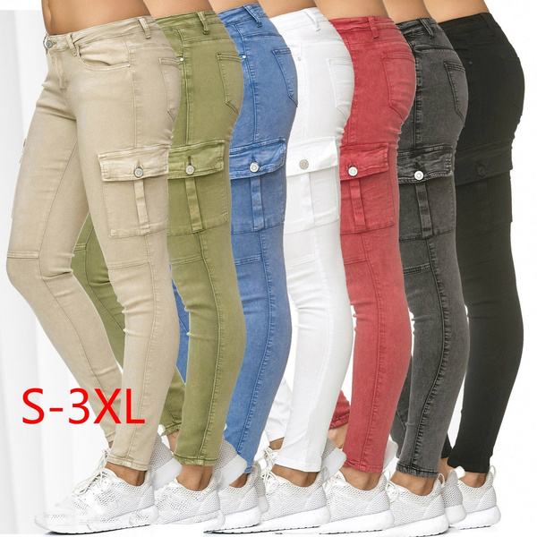 Women's 7 Colors Fashion High Waist Skinny Cargo Long Jean Pants