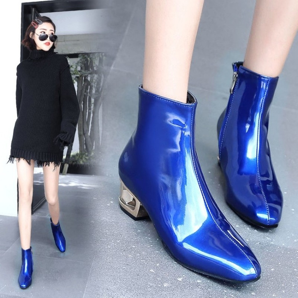 Women Booties Patent Leather Short Boots Chunky Block Mid Metal