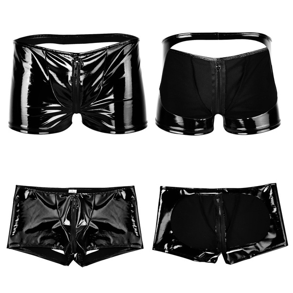 Men's Lingerie Backless Zipper Pouch Underwear Metallic Patent Leather