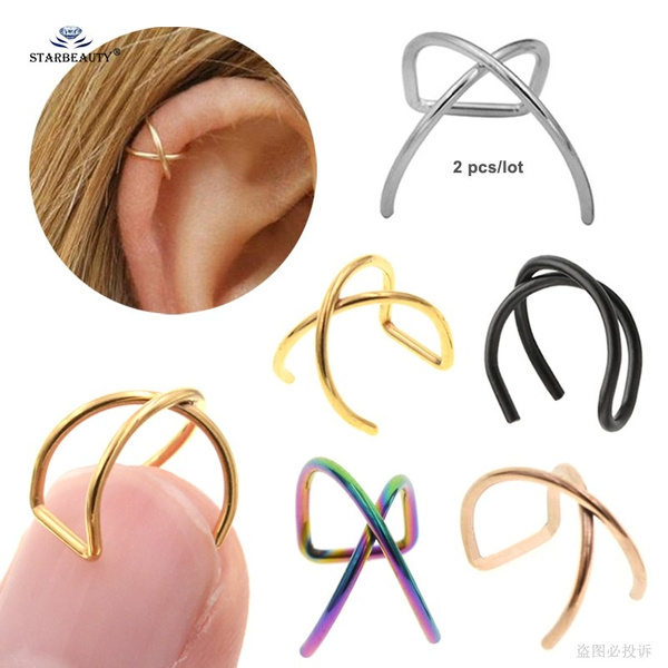 2 pcs/lot 0.8/1.2x8mm Simple X Cross Helix Piercing Earring Orelha Stainless Steel Helix Ring Labret Lip Piercing Fake Piercing Ear Clip Pircing Helix Earrings Jewelry | Cute