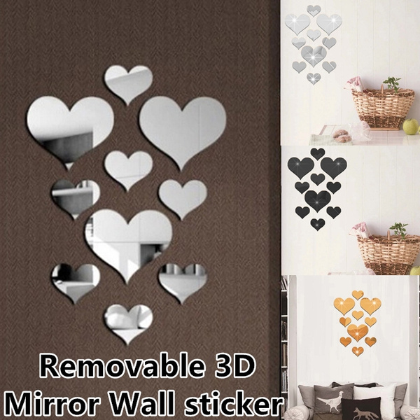 10PCS Mural Decal 3D Mirror Wall Sticker Love Heart Removable Stickers