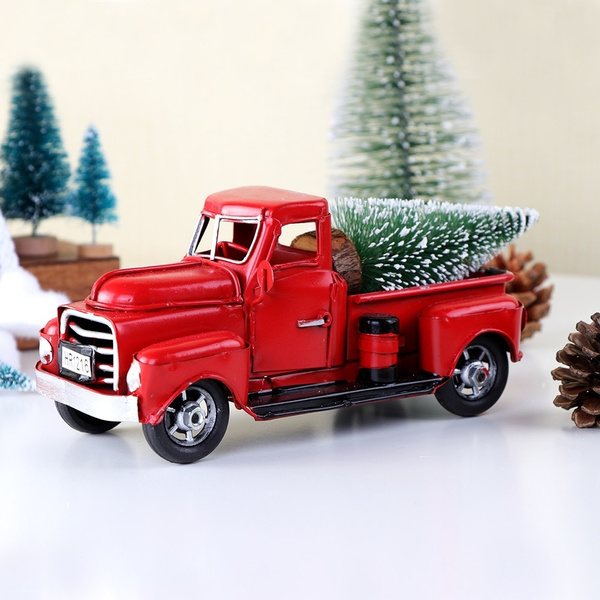 Red Metal Truck Christmas Party Decoration Table Top Decor For Home Kids Gifts Vintage Truck With Movable Wheel Wish