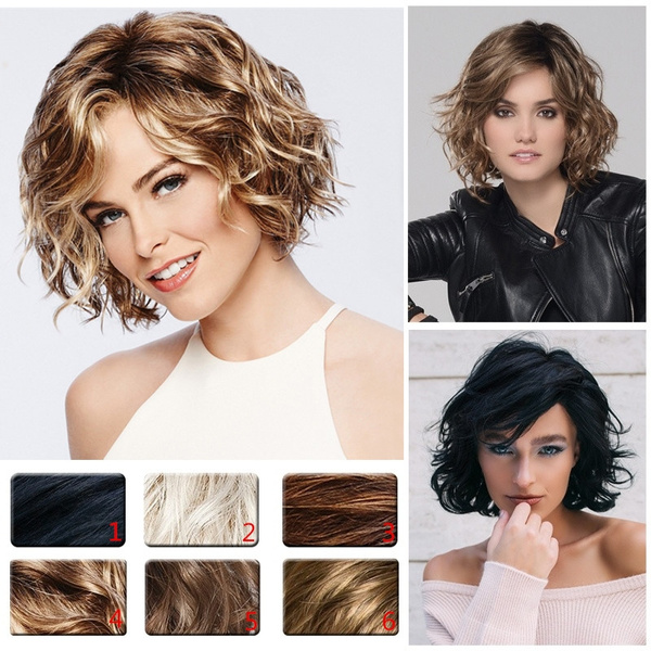 6 Colors Available Curl Bob Wig Women's Fashion Bob Cut Wigs for Women  Ladies Elegant Mixed Color Side Parting Short Hair with Bangs Natural Wig  Soft Waves Hair Short Curly Wig Full