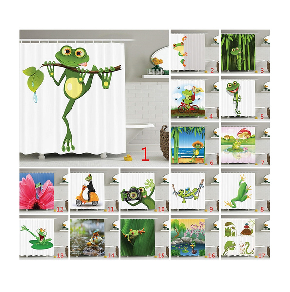 Frog Decor Shower Curtain Set, Jolly Frog with Greater Eye Lizard Gecko  Smily Childish Funny Cartoon Artwork Print, Polyester Fabric Bathroom  Shower Curtain Set with Hooks