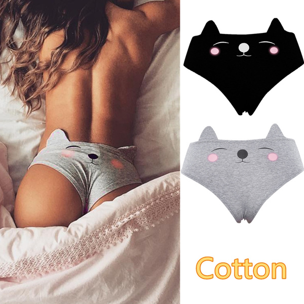 3 COLORS Women Fashion Underwear Cat Ear Cute Print Cotton Panties
