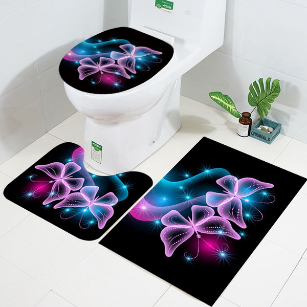 Lavender Butterfly Bathroom Rugs Bath Mat Sets 3 Piece for Toilet