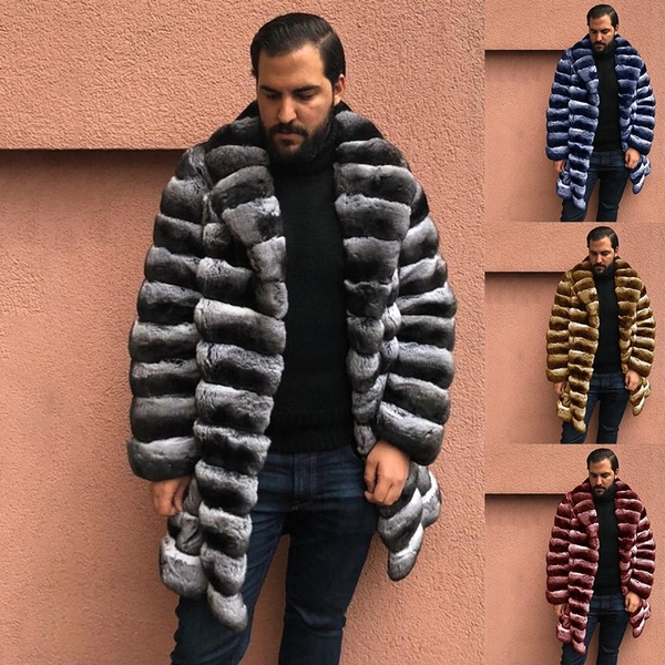 4 Colors Men Fashion Faux Fox Fur Coat Casual Soild Color Soft Overcoat Cute Stripe Print Outwear Long Plus Size Fuzzy Loose Cardigan Thicken Warm Wish 4 Colors Men Fashion Faux Fox Fur Coat, Faux Fox Fur Coat Mens