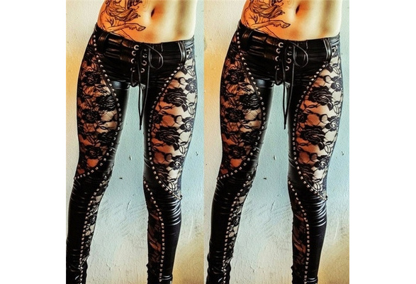 Fashion Hollow Lace Leather Pants 